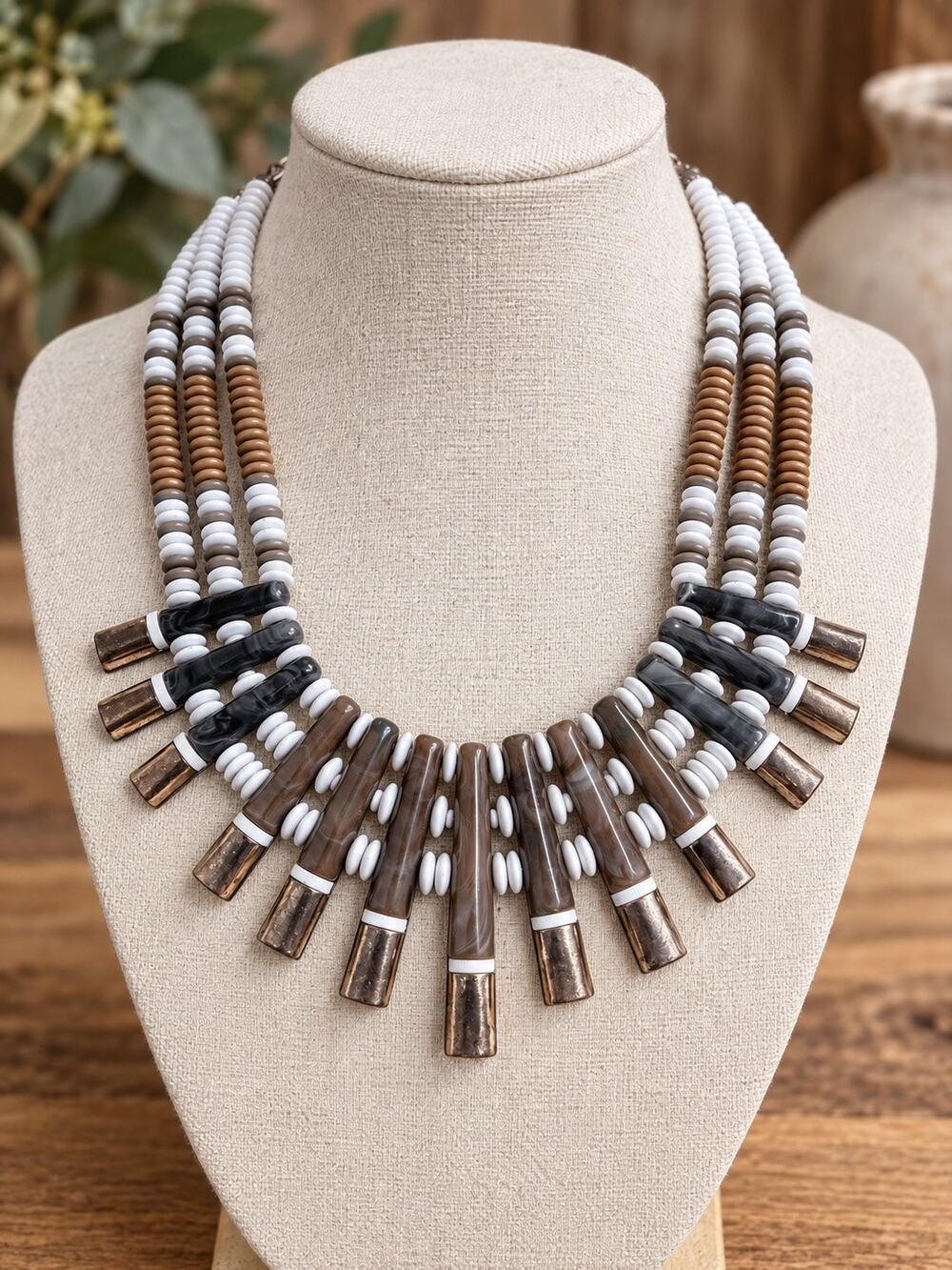 Baublebar Endora Boho Bib Necklace Brown White Beaded